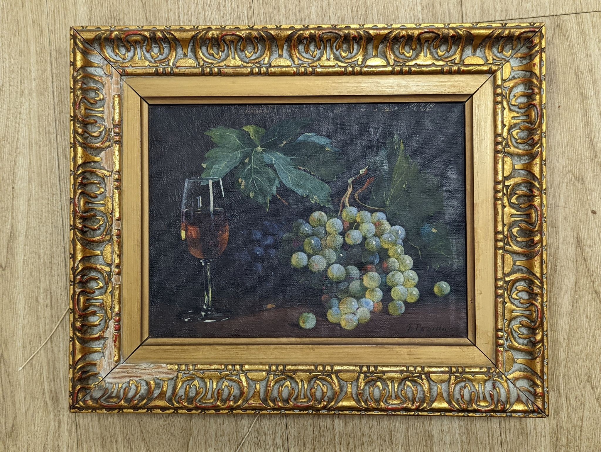 I. Paoilla, oil on canvas, Still life of a glass of wine and grapes, indistinctly signed, 20 x 27cm